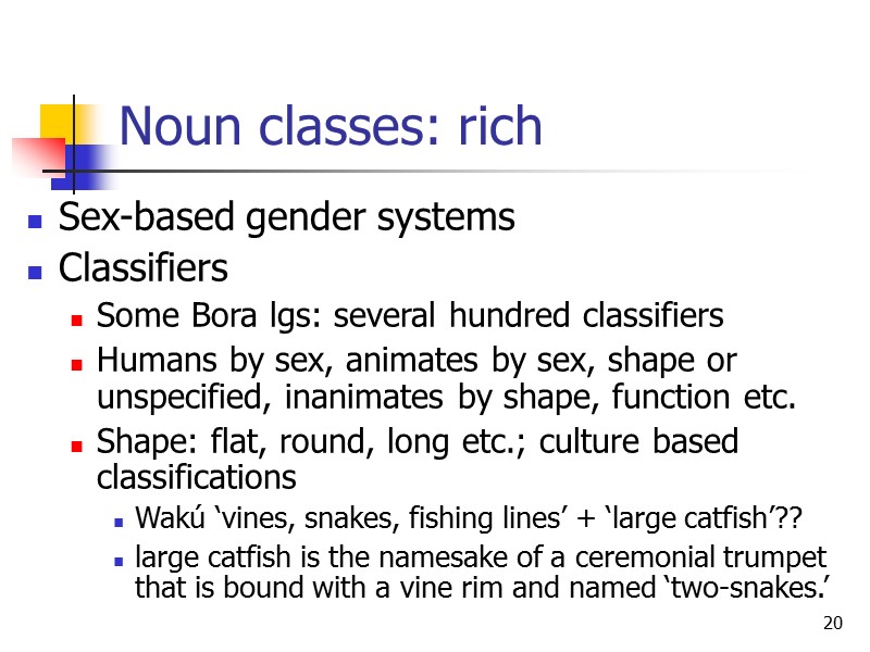 20 Noun classes: rich Sex-based gender systems Classifiers Some Bora lgs: several hundred classifiers